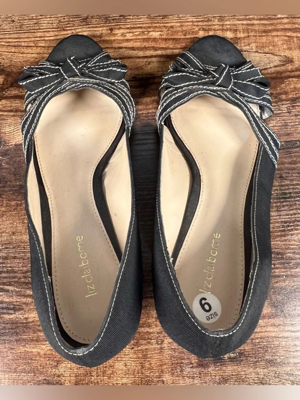Liz Claiborne Melody‎ Cork Wedge Heel Open Bow Toe Sandals Black Women's 9.5